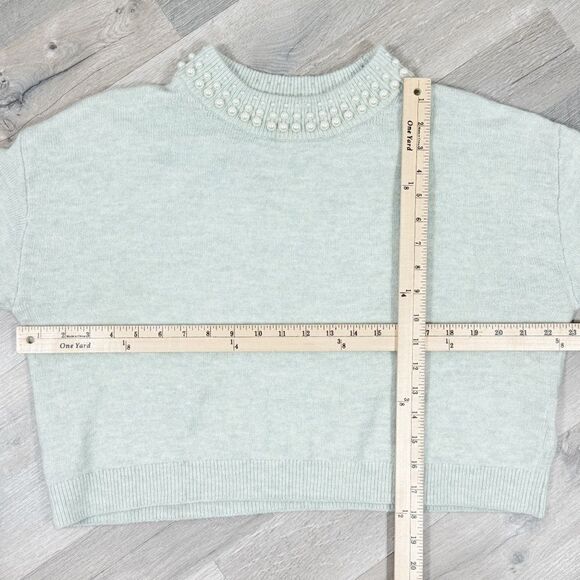 H&M Faux Pearl Beaded Neck Crop Sweater Mint Green Medium Long Sleeve - Picture 12 of 13